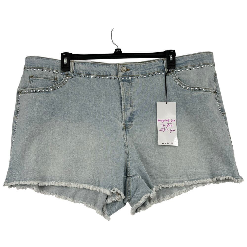 Vanilla Star Studded Cutoff Jean Shorts Size 24W High Waist Light Wash Stretch